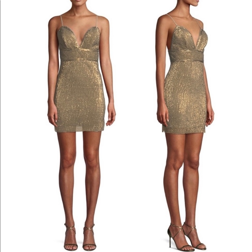 SAYLOR Gold Sequin Plunge Mini Dress